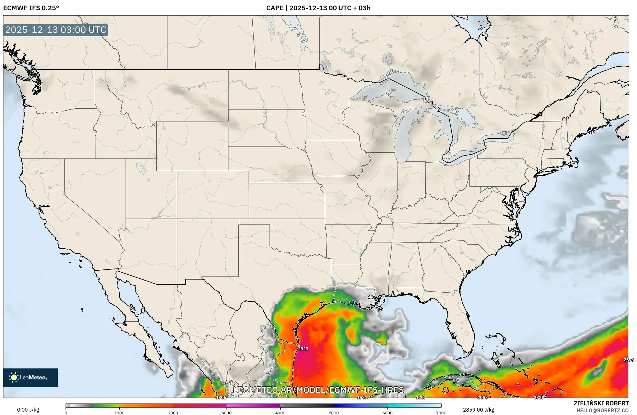 ECMWF IFS 0.25° model - Estados Unidos, CAPE