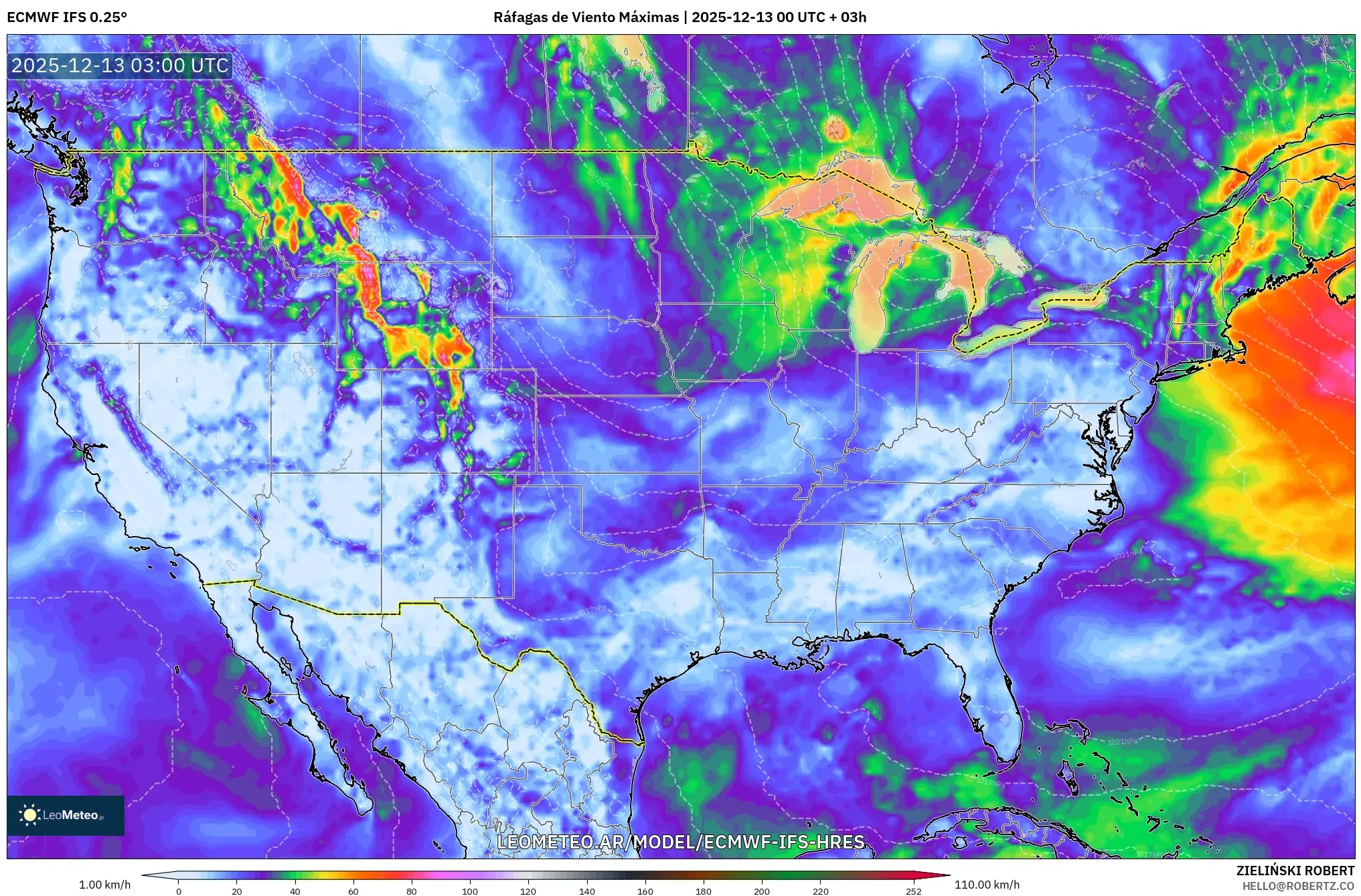 ECMWF IFS 0.25° model - Estados Unidos, Ráfagas de Viento Máximas