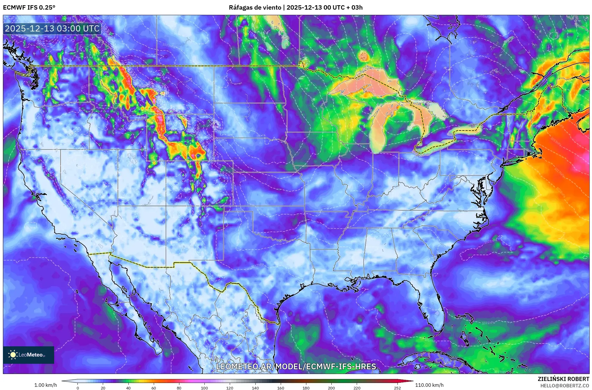 ECMWF IFS 0.25° model - Estados Unidos, Ráfagas de viento