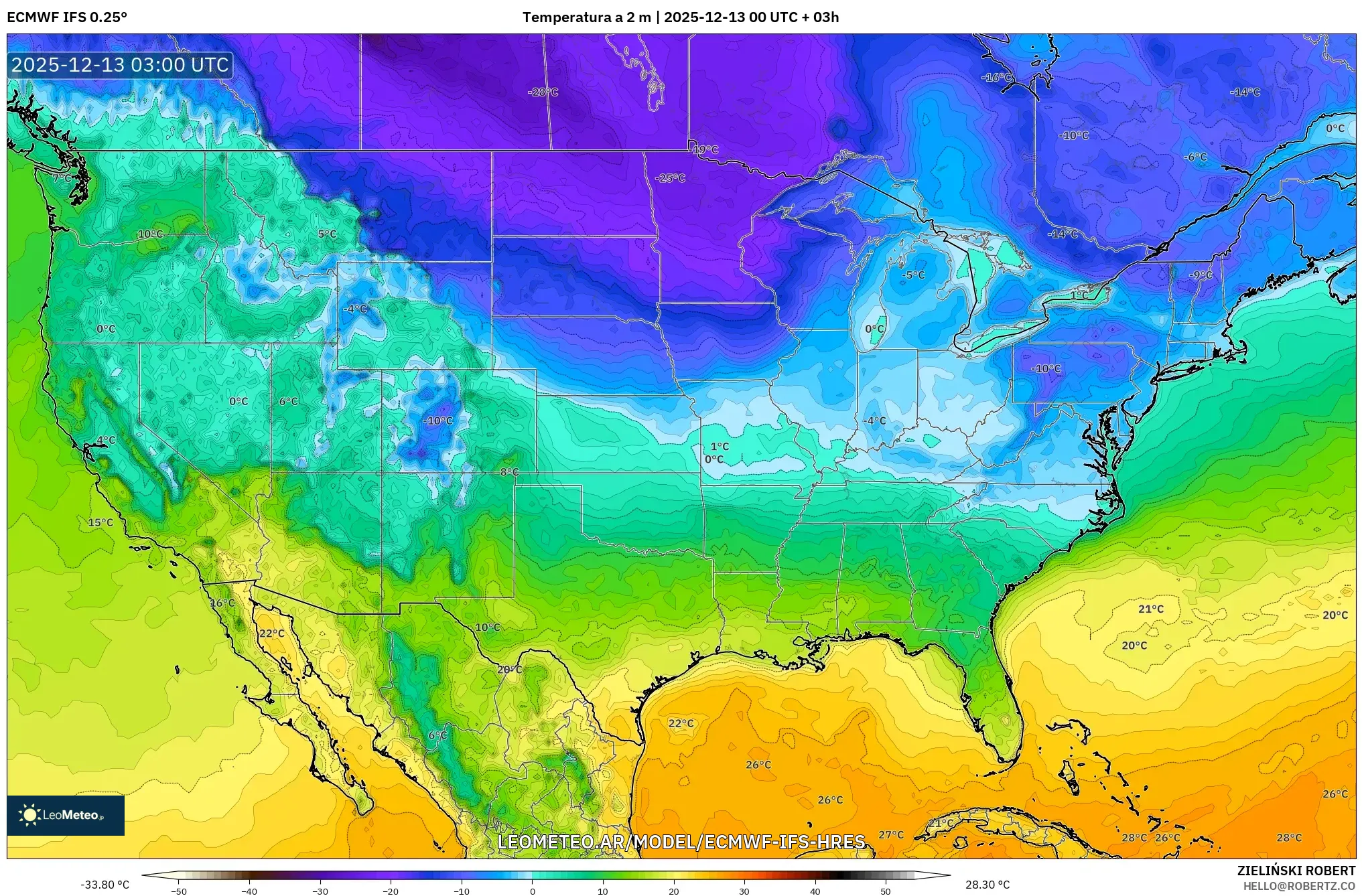 ECMWF IFS 0.25° model - Estados Unidos, Temperatura a 2 m