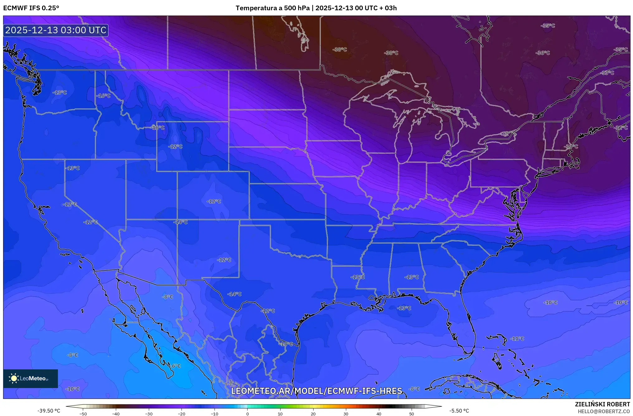ECMWF IFS 0.25° model - Estados Unidos, Temperatura a 500 hPa