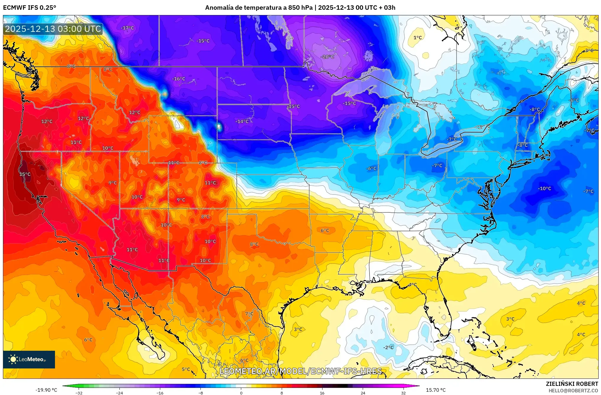 ECMWF IFS 0.25° model - Estados Unidos, Anomalía de temperatura a 850 hPa