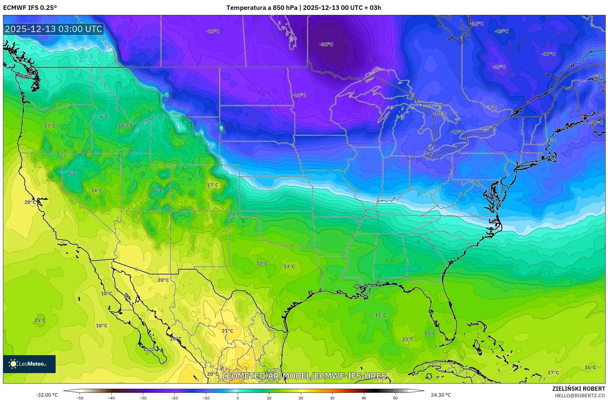 ECMWF IFS 0.25° model - Estados Unidos, Temperatura a 850 hPa