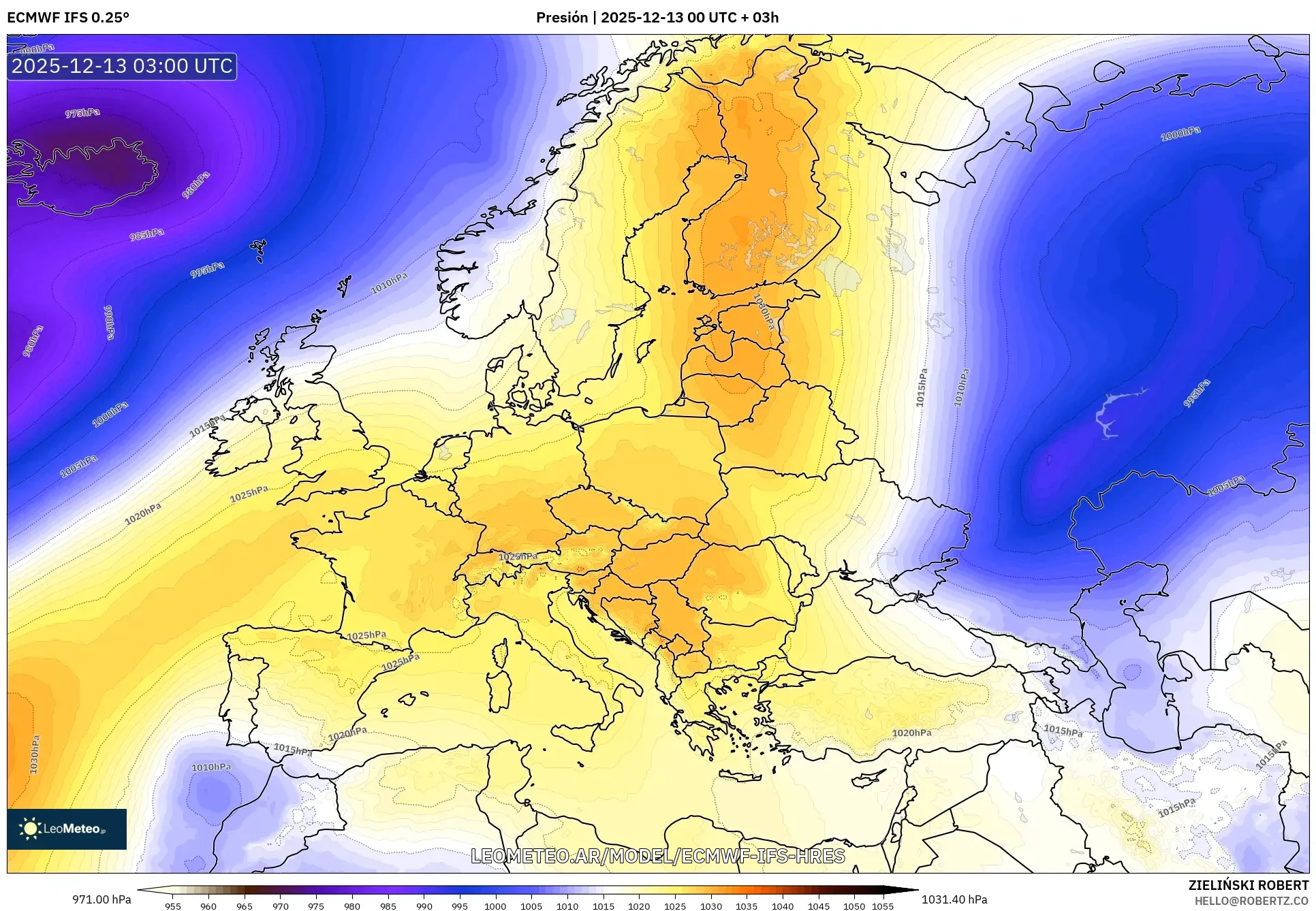 ECMWF IFS 0.25° model - Europa, Presión