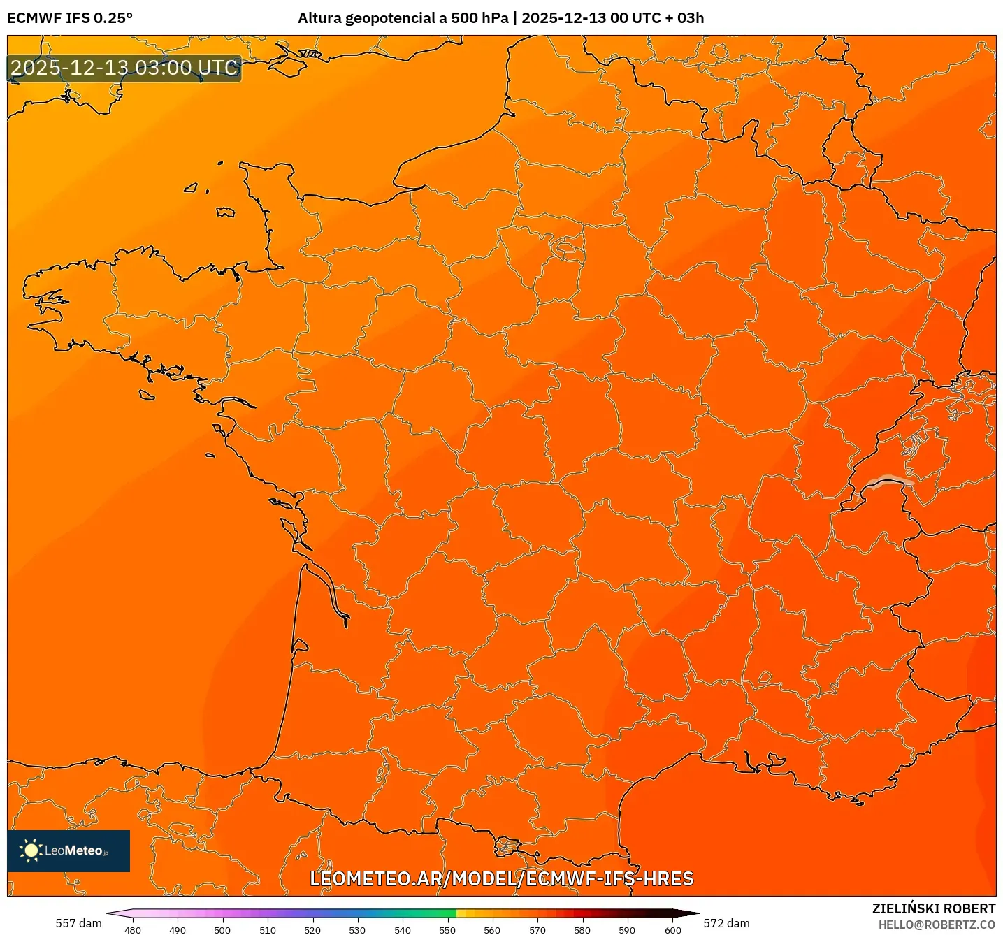 ECMWF IFS 0.25° model - Francia, Altura geopotencial a 500 hPa
