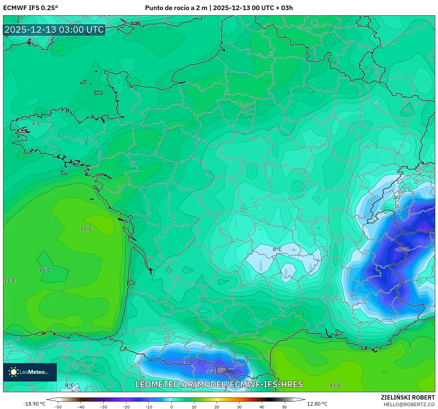 ECMWF IFS 0.25° model - Francia, Punto de rocío a 2 m