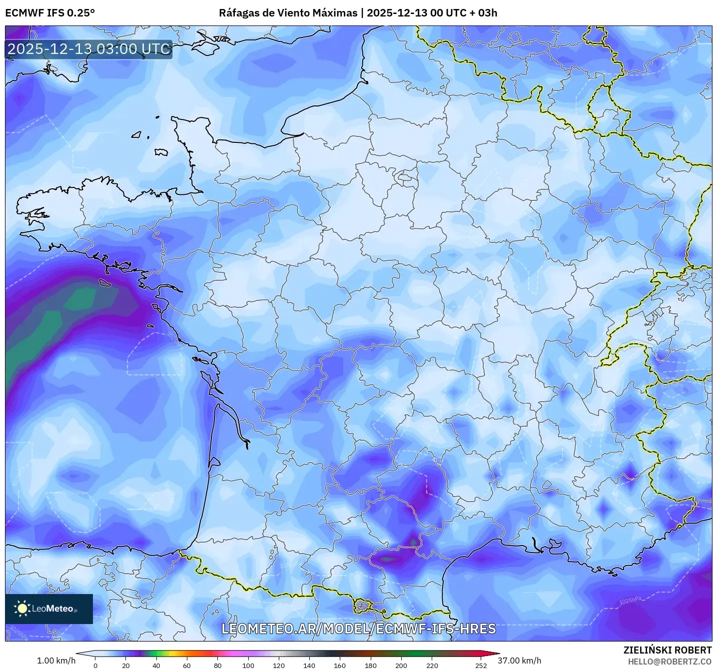 ECMWF IFS 0.25° model - Francia, Ráfagas de Viento Máximas