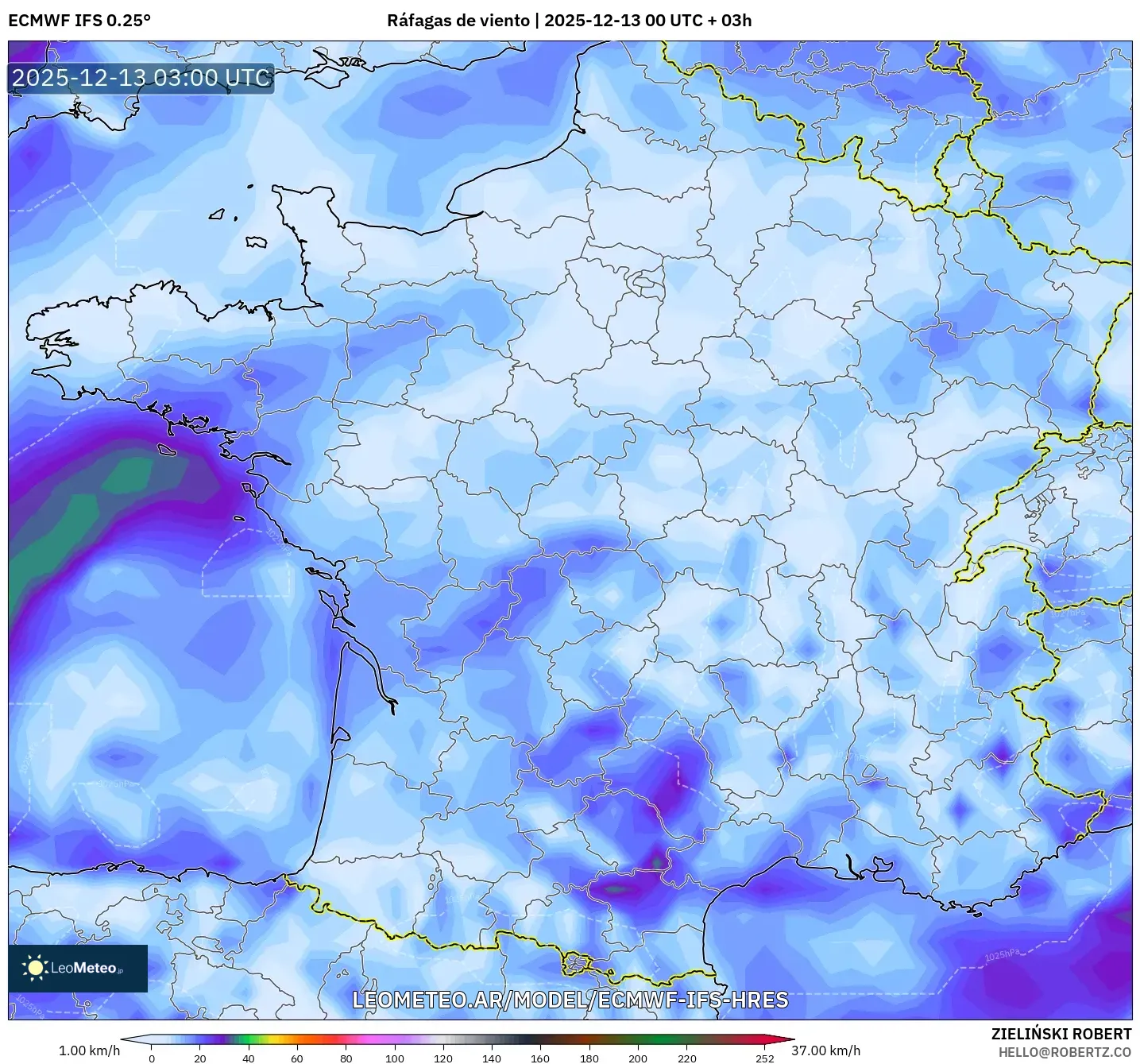 ECMWF IFS 0.25° model - Francia, Ráfagas de viento