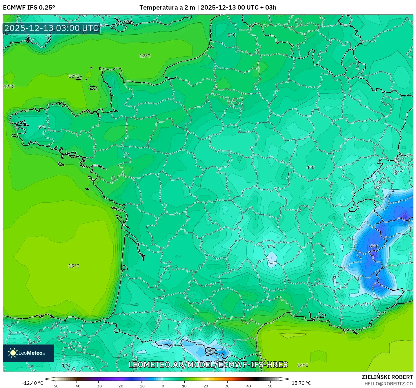 ECMWF IFS 0.25° model - Francia, Temperatura a 2 m
