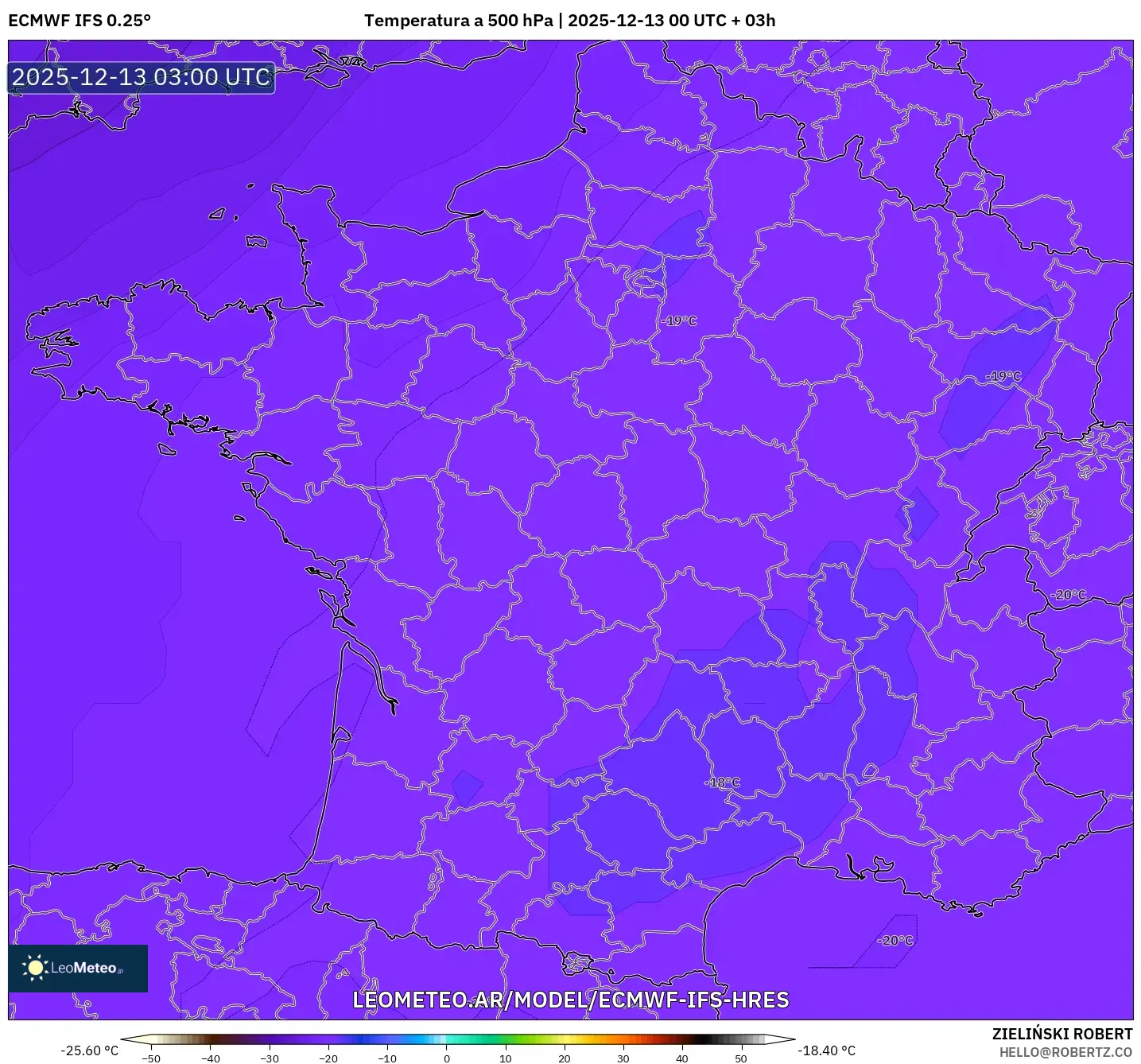ECMWF IFS 0.25° model - Francia, Temperatura a 500 hPa