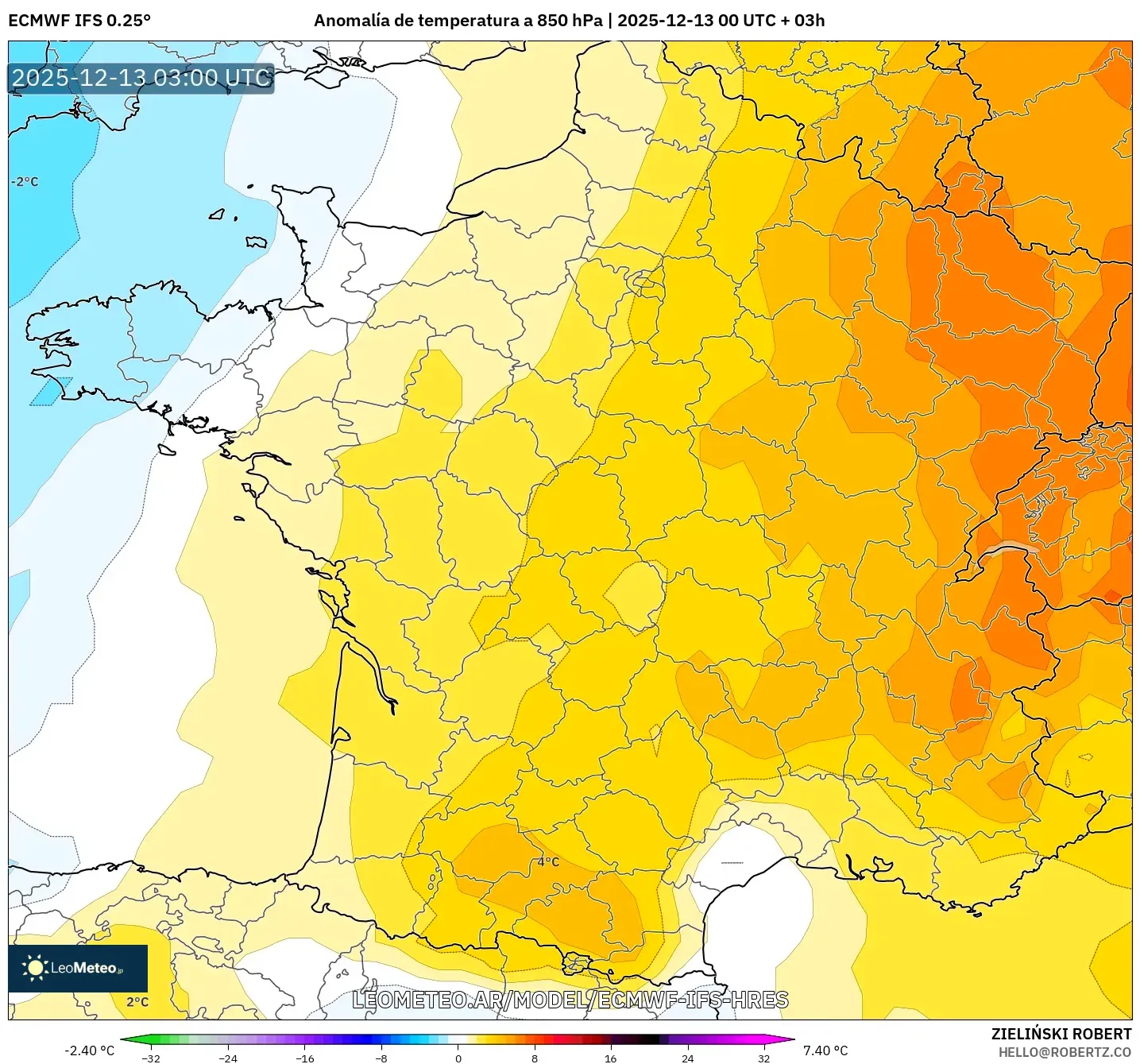 ECMWF IFS 0.25° model - Francia, Anomalía de temperatura a 850 hPa