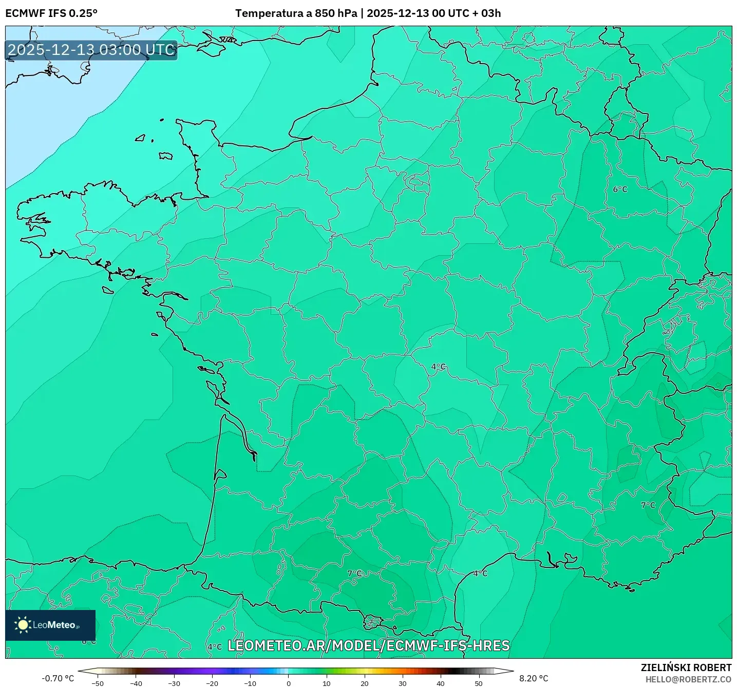 ECMWF IFS 0.25° model - Francia, Temperatura a 850 hPa