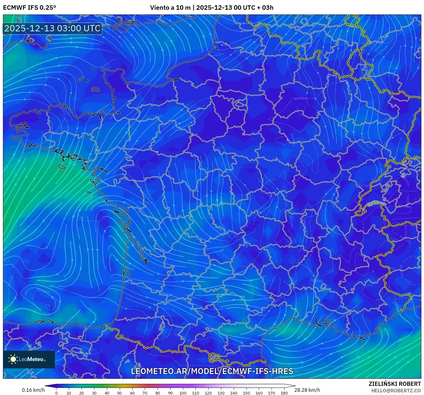 ECMWF IFS 0.25° model - Francia, Viento a 10 m