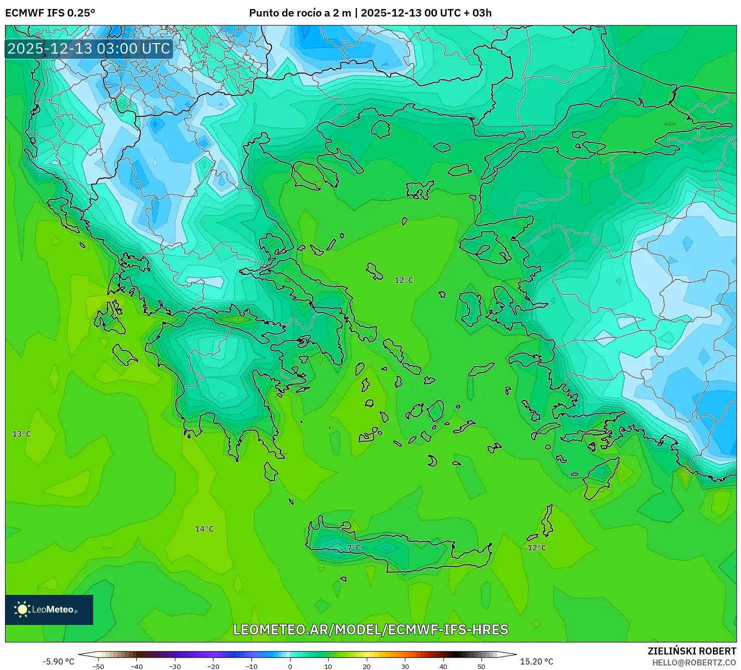 ECMWF IFS 0.25° model - Grecia, Punto de rocío a 2 m