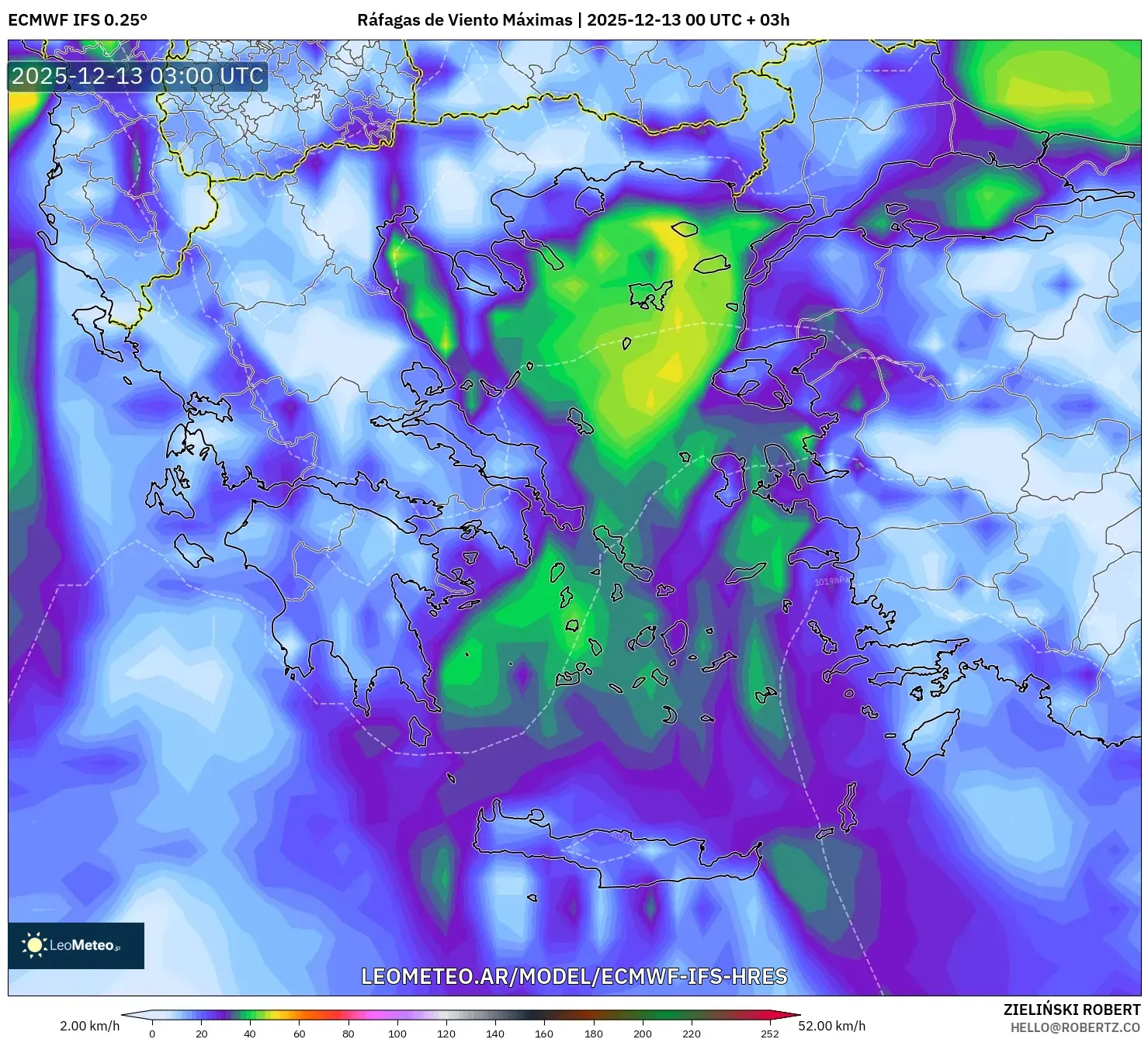 ECMWF IFS 0.25° model - Grecia, Ráfagas de Viento Máximas