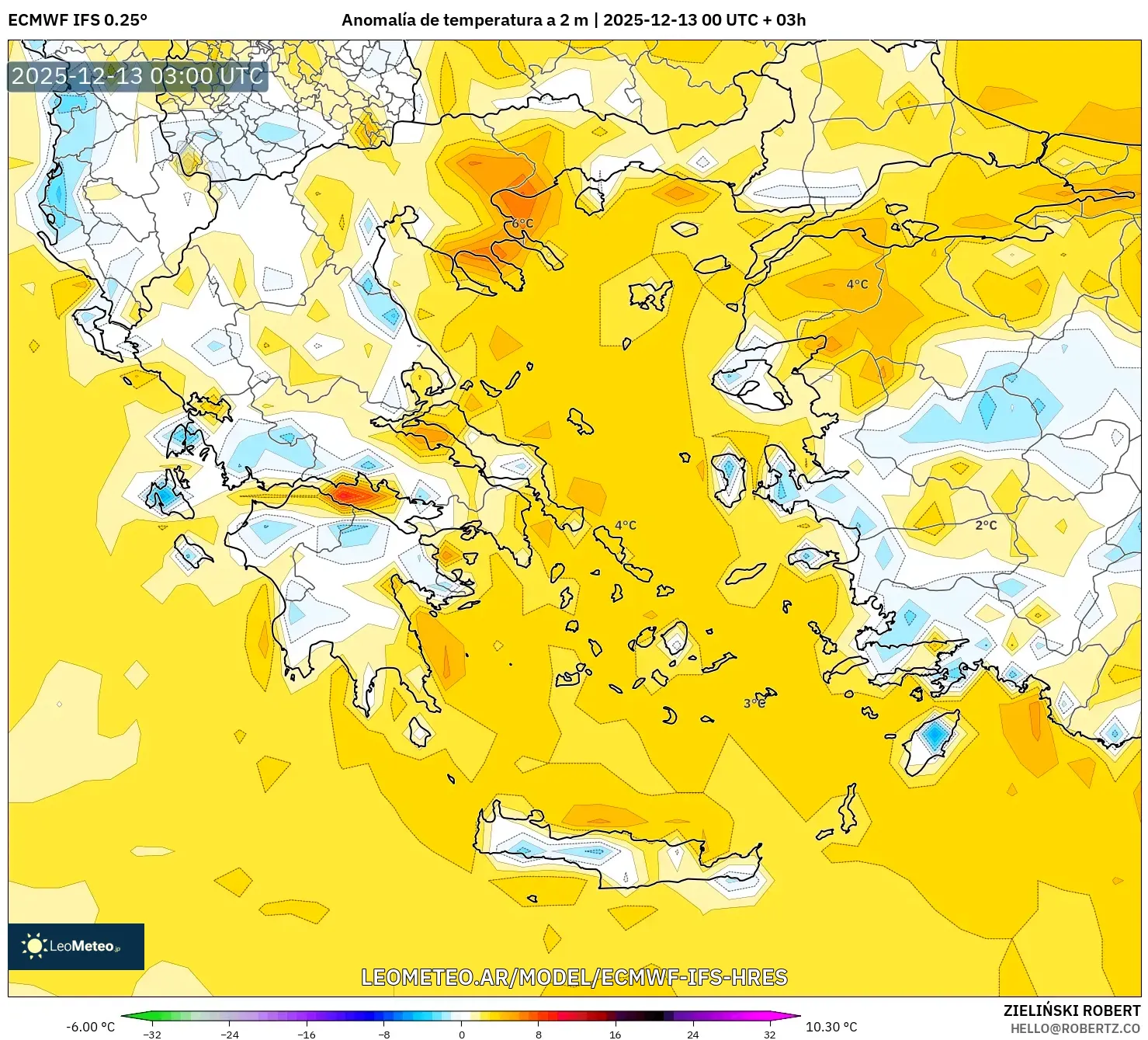 ECMWF IFS 0.25° model - Grecia, Anomalía de temperatura a 2 m