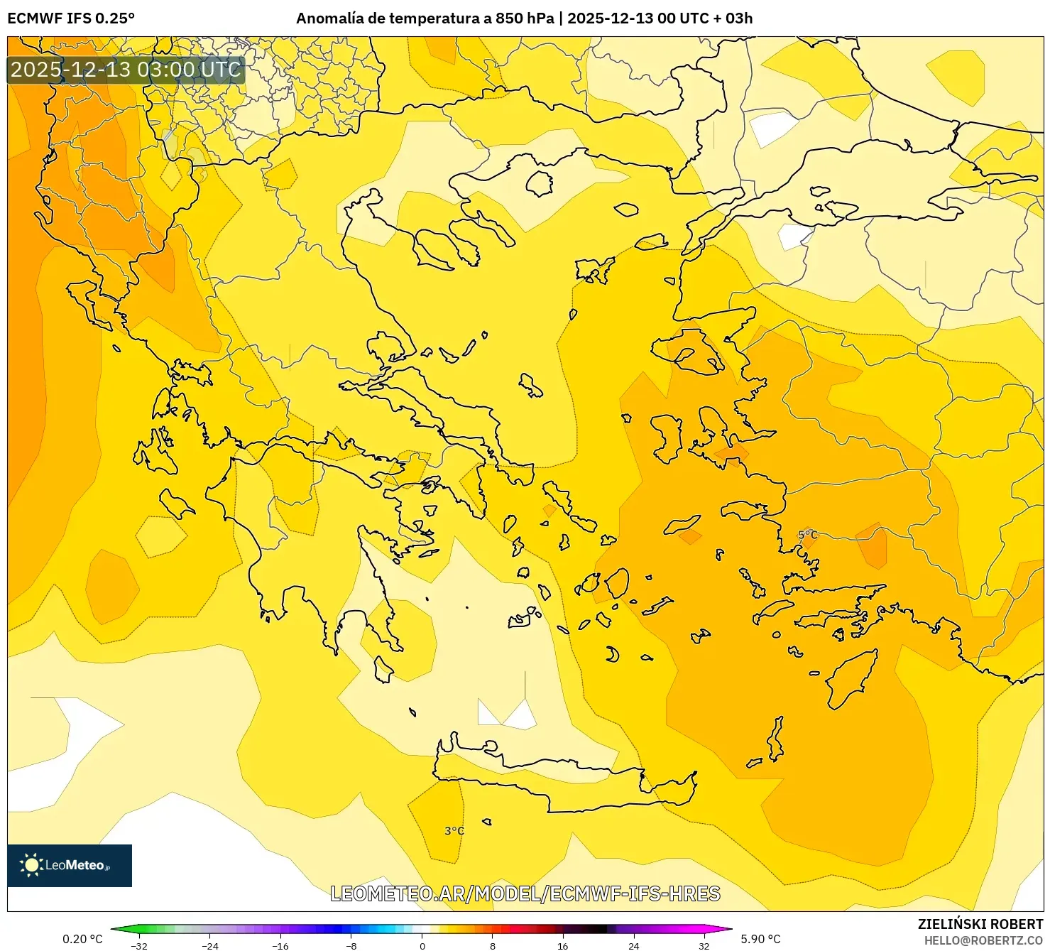 ECMWF IFS 0.25° model - Grecia, Anomalía de temperatura a 850 hPa
