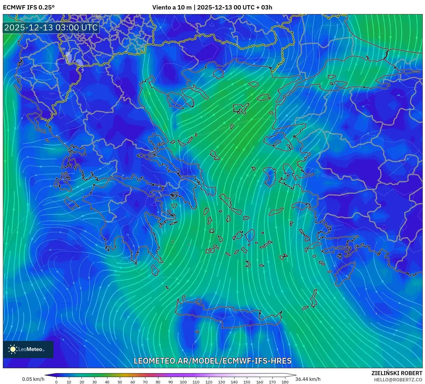 ECMWF IFS 0.25° model - Grecia, Viento a 10 m