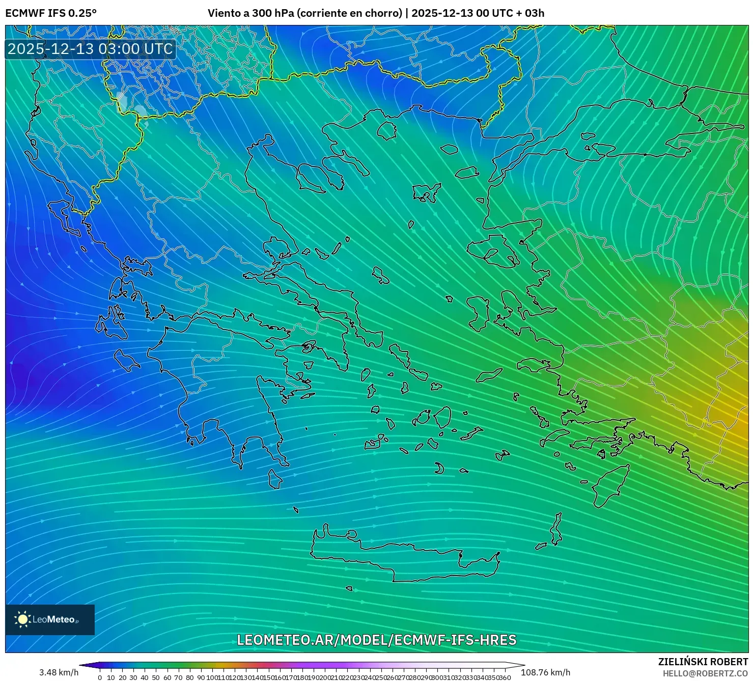 ECMWF IFS 0.25° model - Grecia, Viento a 300 hPa (corriente en chorro)