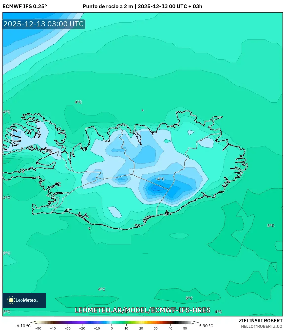 ECMWF IFS 0.25° model - Islandia, Punto de rocío a 2 m