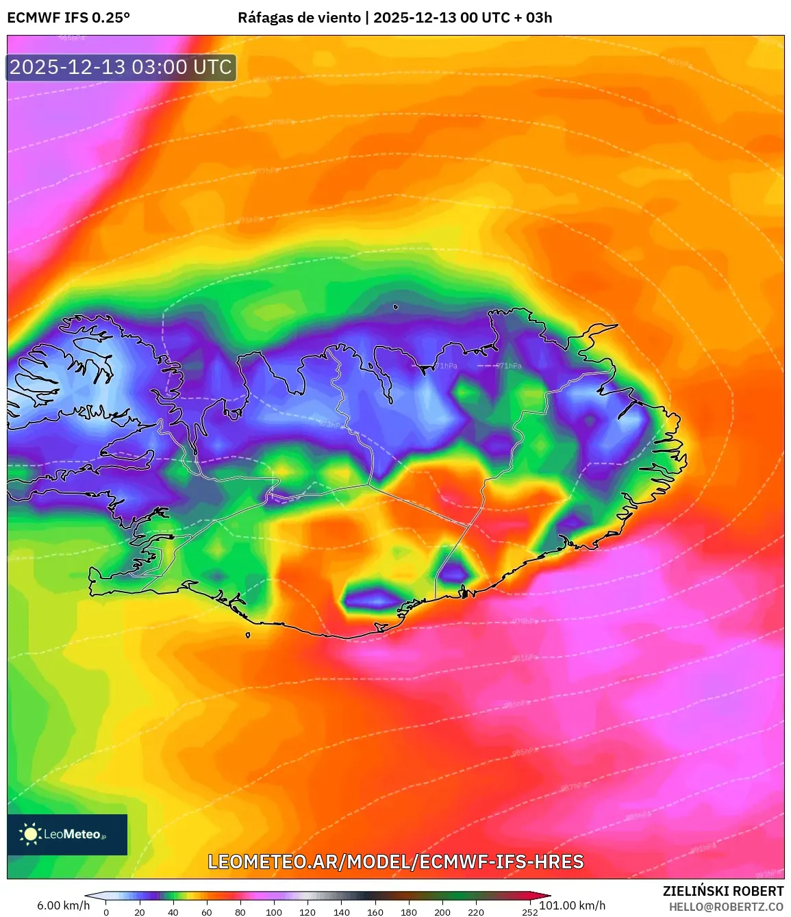 ECMWF IFS 0.25° model - Islandia, Ráfagas de viento