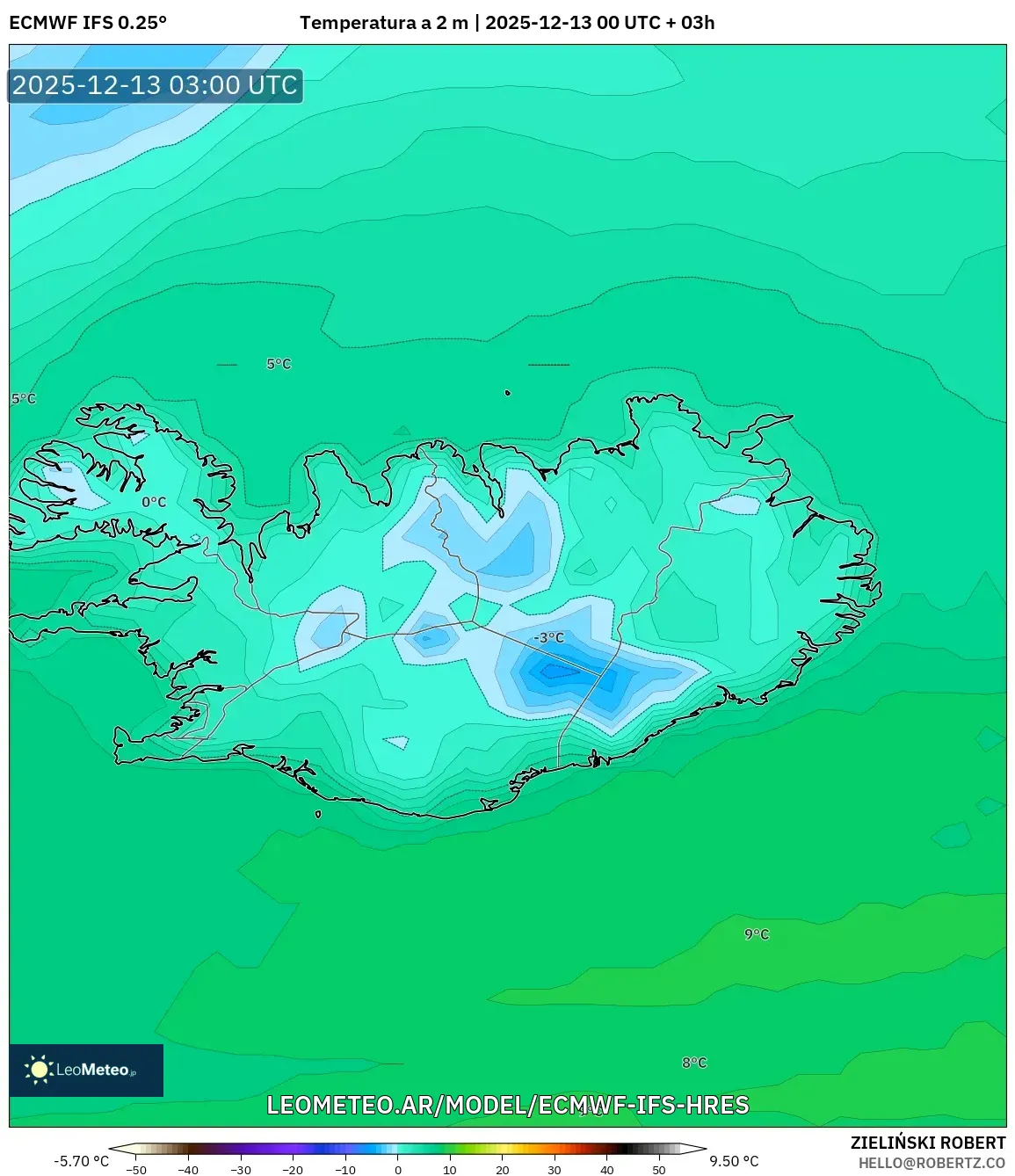 ECMWF IFS 0.25° model - Islandia, Temperatura a 2 m