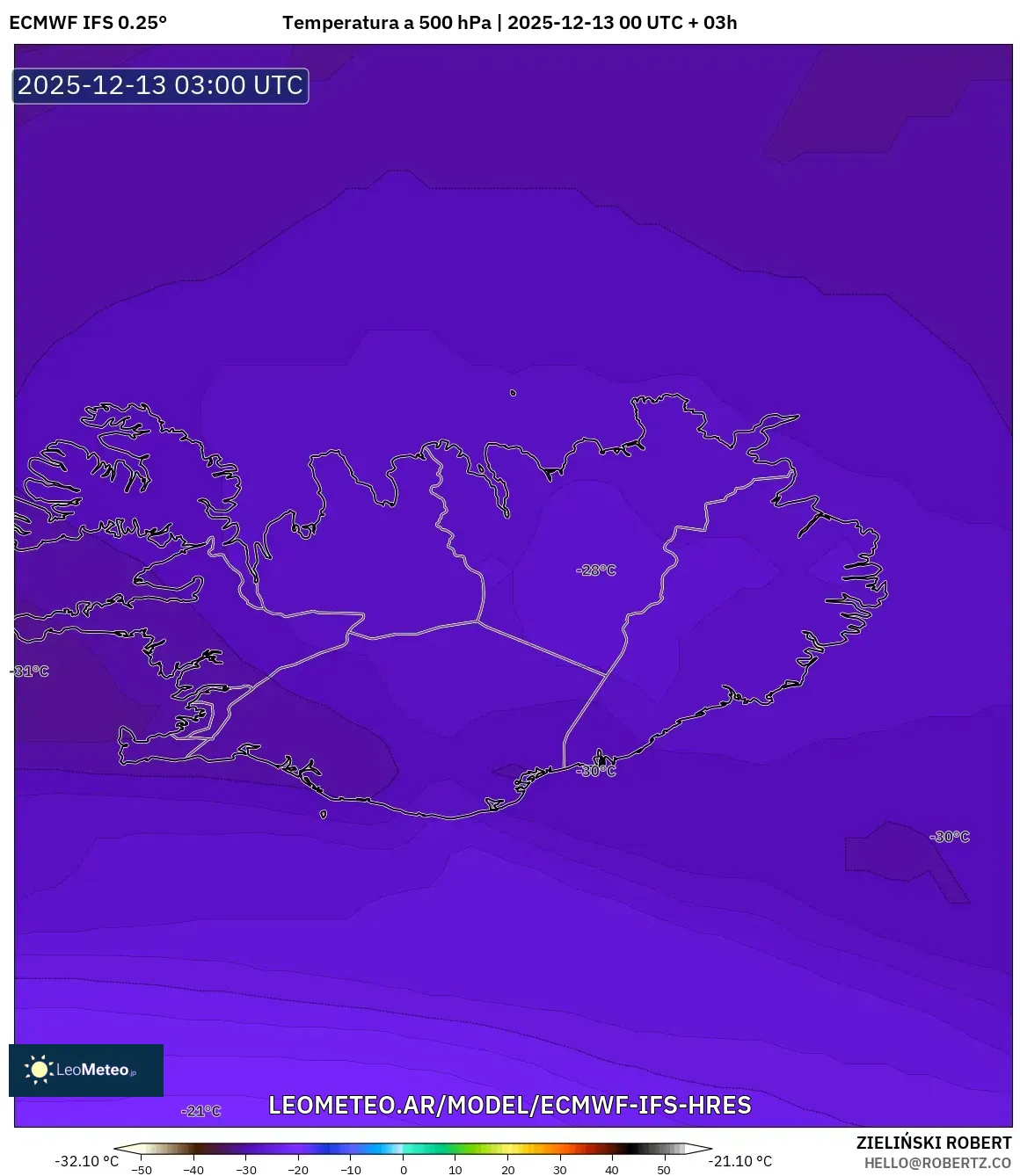 ECMWF IFS 0.25° model - Islandia, Temperatura a 500 hPa