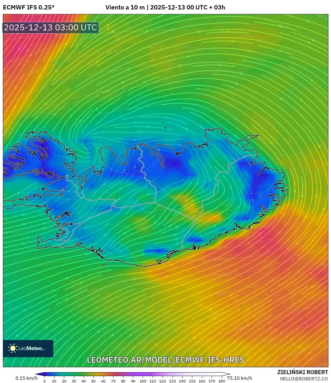 ECMWF IFS 0.25° model - Islandia, Viento a 10 m