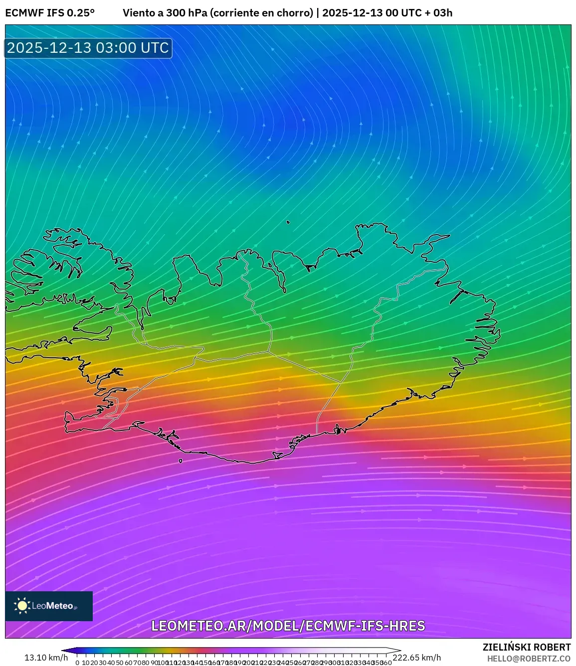 ECMWF IFS 0.25° model - Islandia, Viento a 300 hPa (corriente en chorro)
