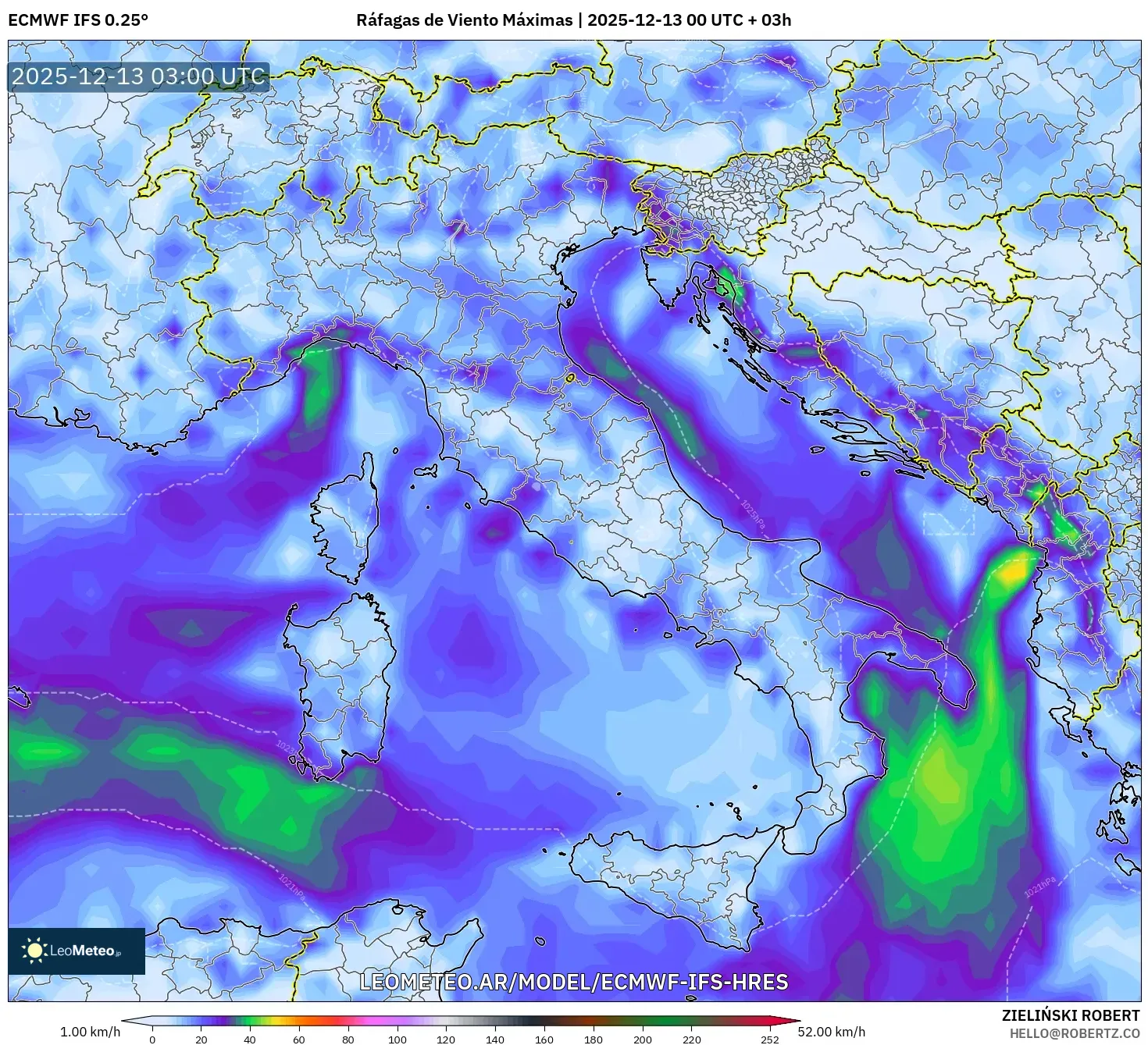 ECMWF IFS 0.25° model - Italia, Ráfagas de Viento Máximas
