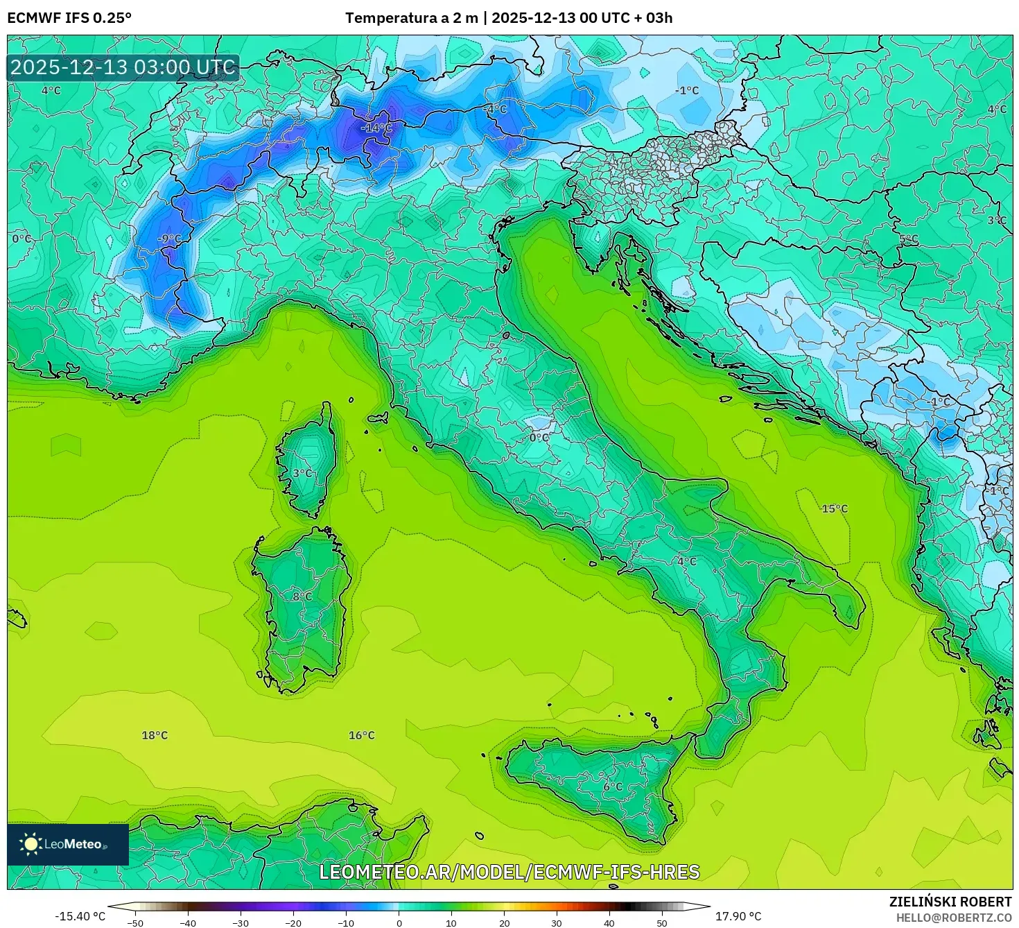 ECMWF IFS 0.25° model - Italia, Temperatura a 2 m