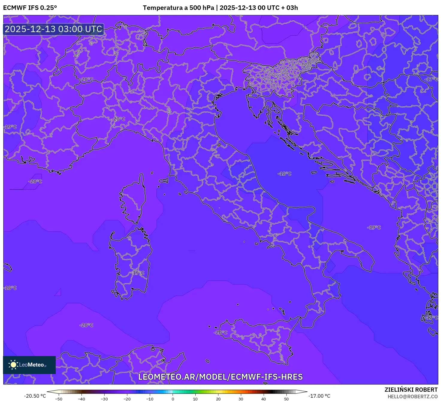 ECMWF IFS 0.25° model - Italia, Temperatura a 500 hPa