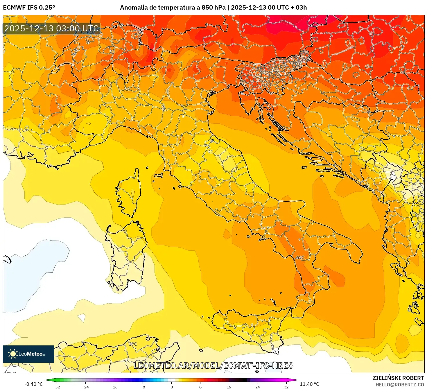 ECMWF IFS 0.25° model - Italia, Anomalía de temperatura a 850 hPa