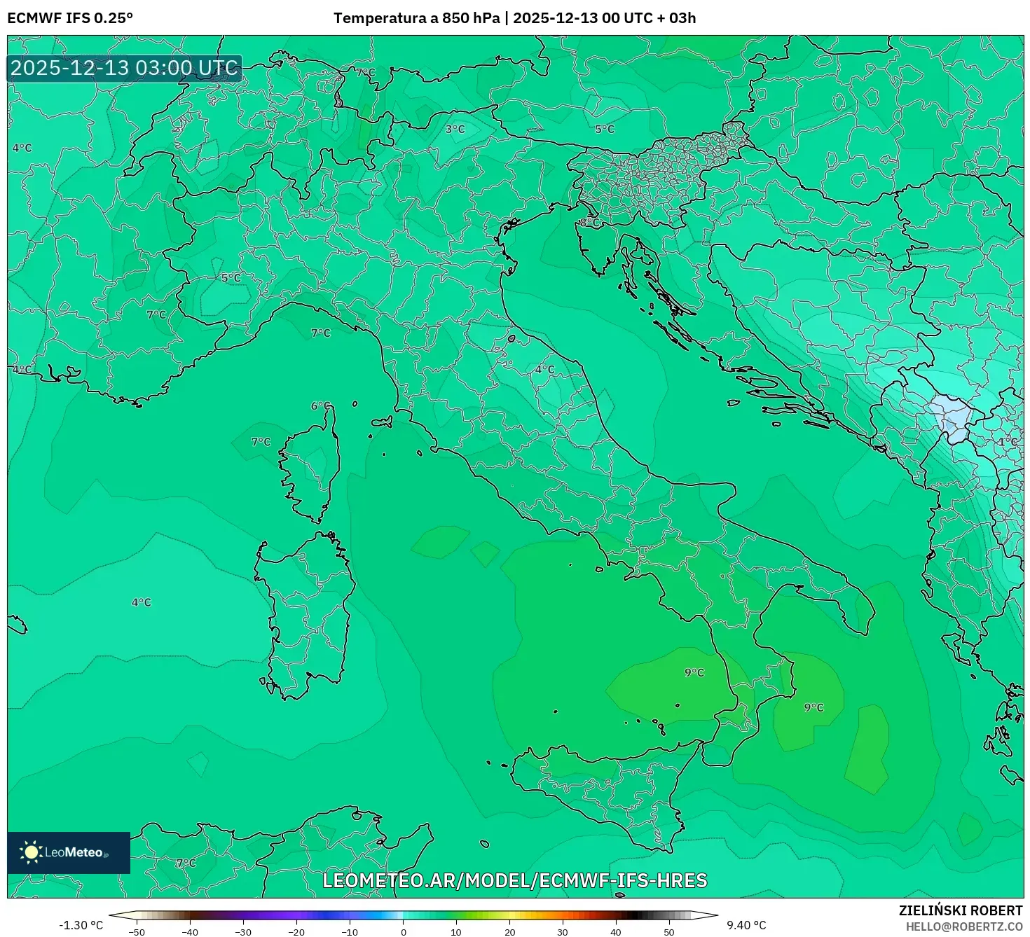 ECMWF IFS 0.25° model - Italia, Temperatura a 850 hPa
