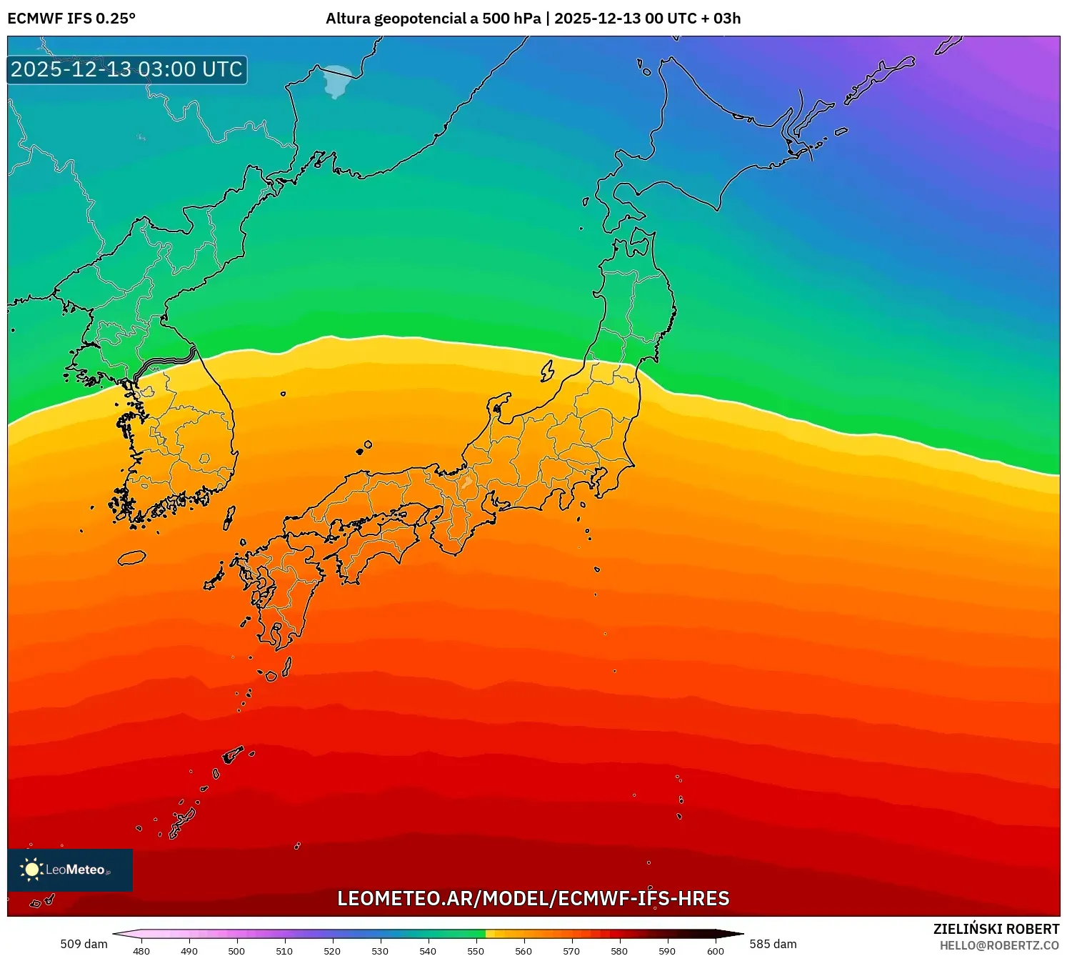 ECMWF IFS 0.25° model - Japón, Altura geopotencial a 500 hPa