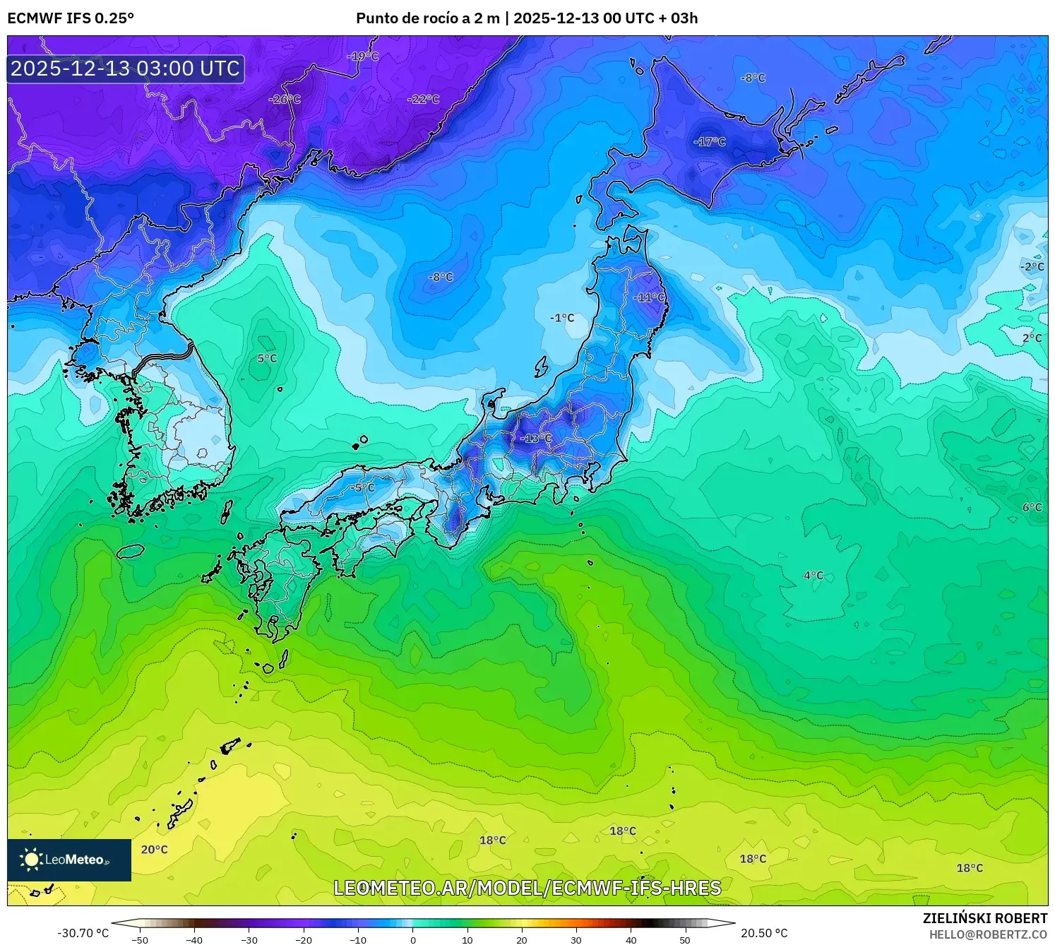 ECMWF IFS 0.25° model - Japón, Punto de rocío a 2 m