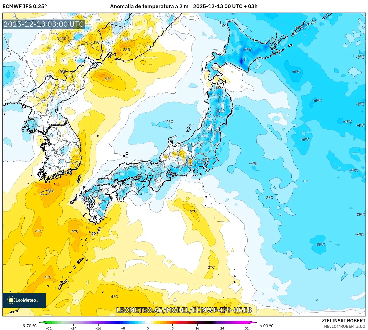ECMWF IFS 0.25° model - Japón, Anomalía de temperatura a 2 m