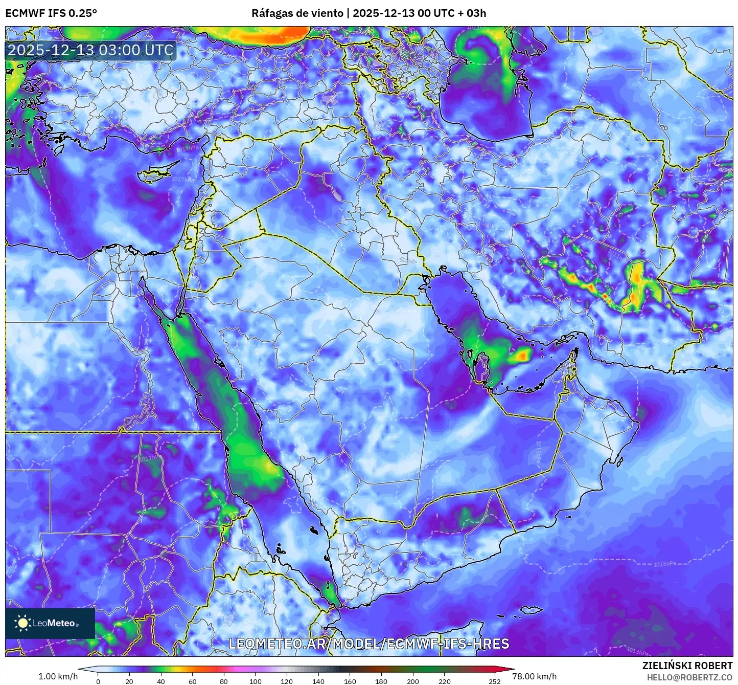 ECMWF IFS 0.25° model - Oriente Medio, Ráfagas de viento