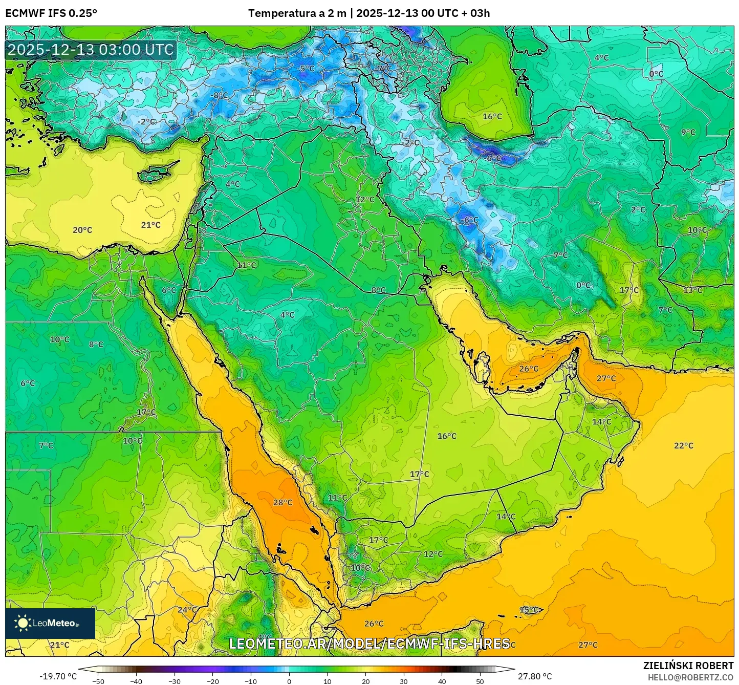 ECMWF IFS 0.25° model - Oriente Medio, Temperatura a 2 m