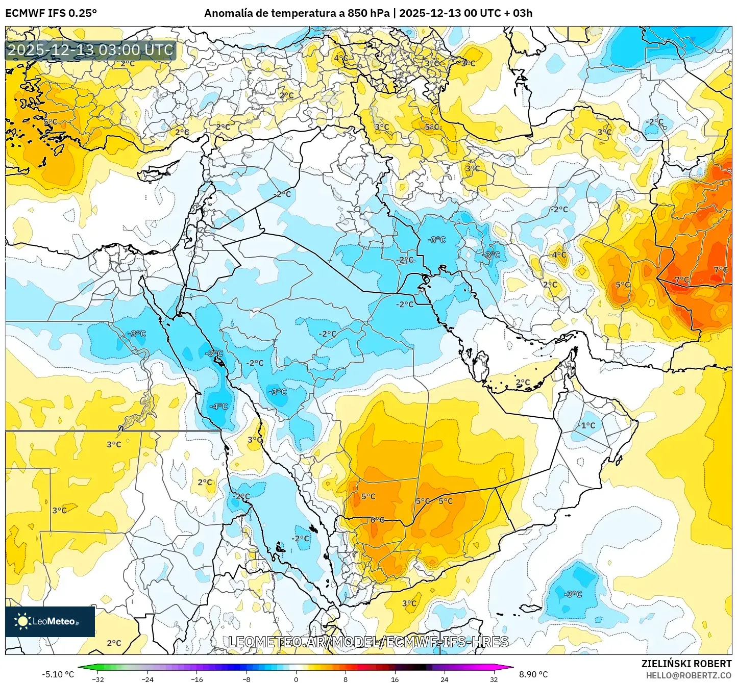 ECMWF IFS 0.25° model - Oriente Medio, Anomalía de temperatura a 850 hPa