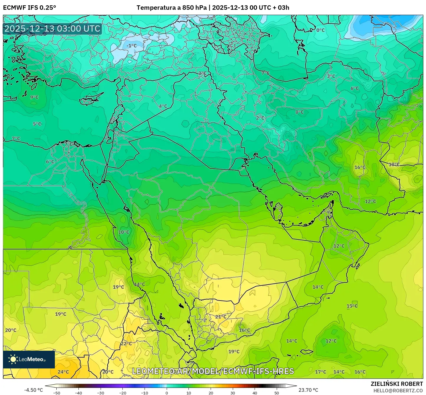ECMWF IFS 0.25° model - Oriente Medio, Temperatura a 850 hPa