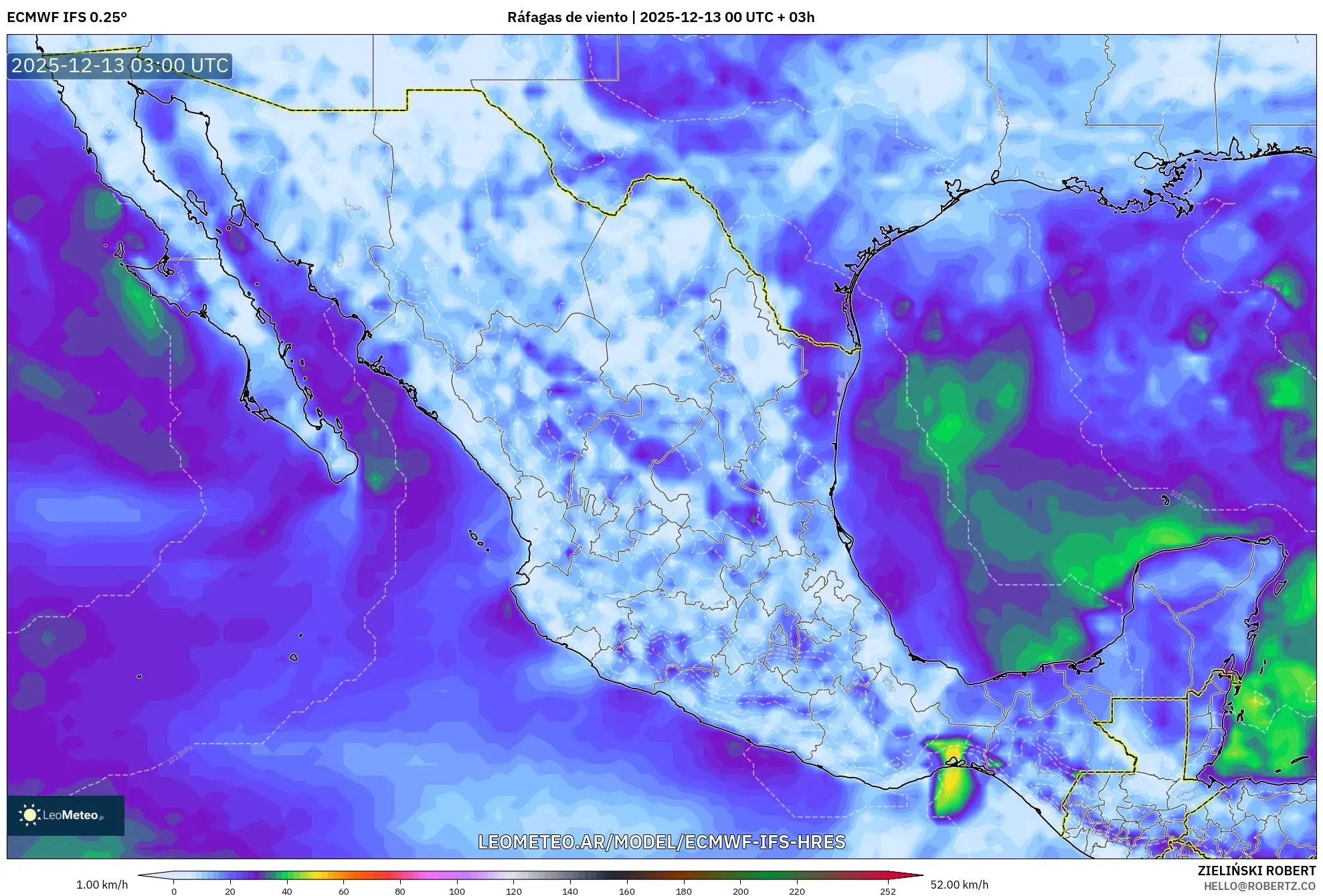 ECMWF IFS 0.25° model - México, Ráfagas de viento