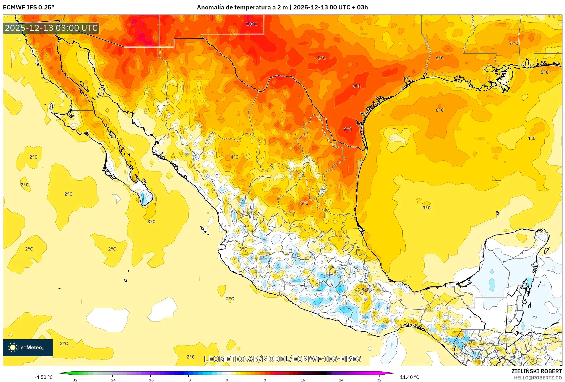 ECMWF IFS 0.25° model - México, Anomalía de temperatura a 2 m