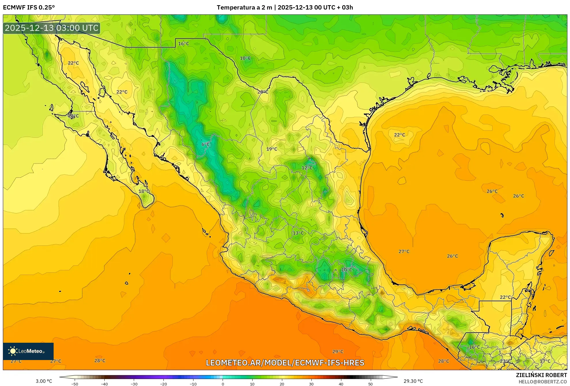 ECMWF IFS 0.25° model - México, Temperatura a 2 m