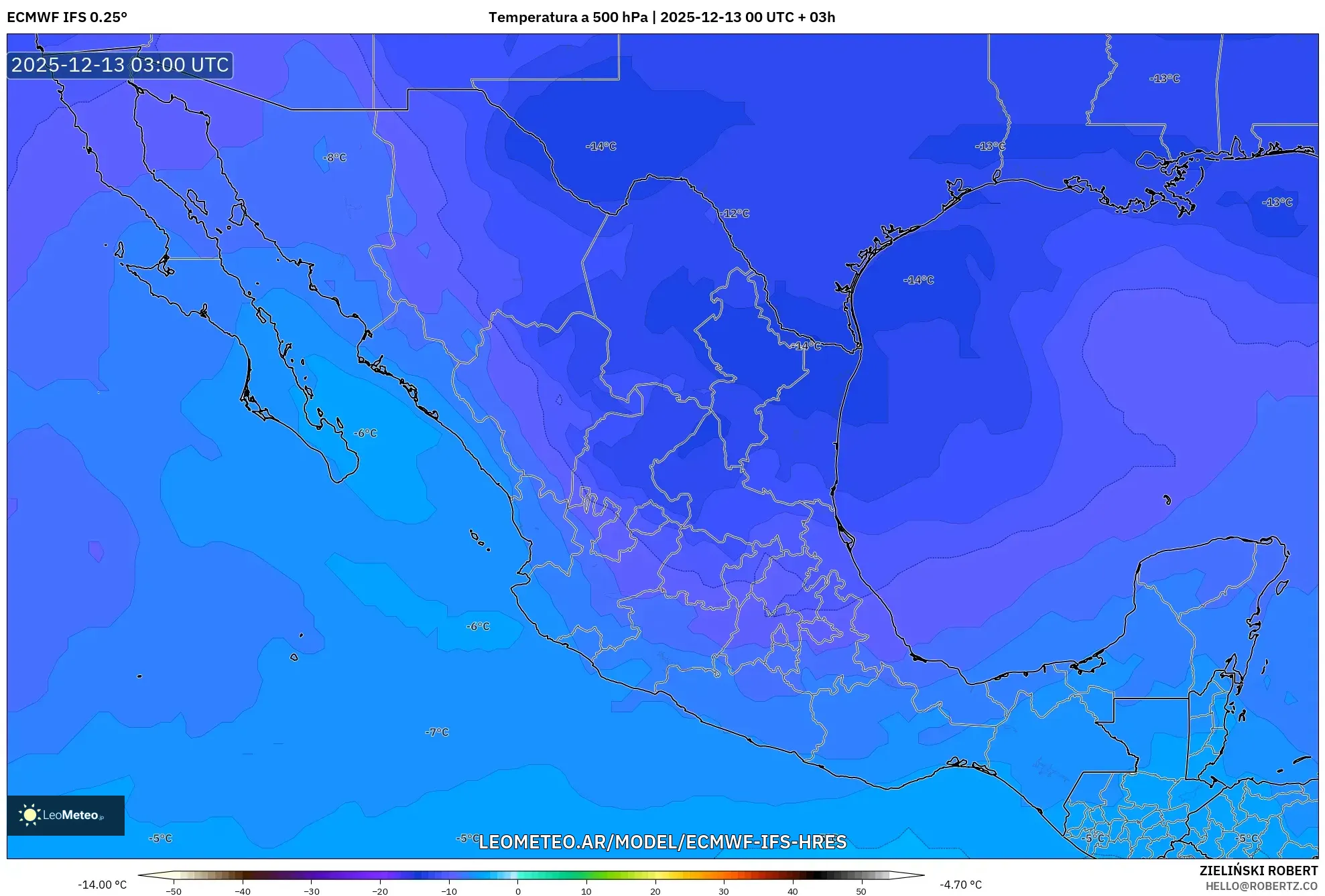 ECMWF IFS 0.25° model - México, Temperatura a 500 hPa