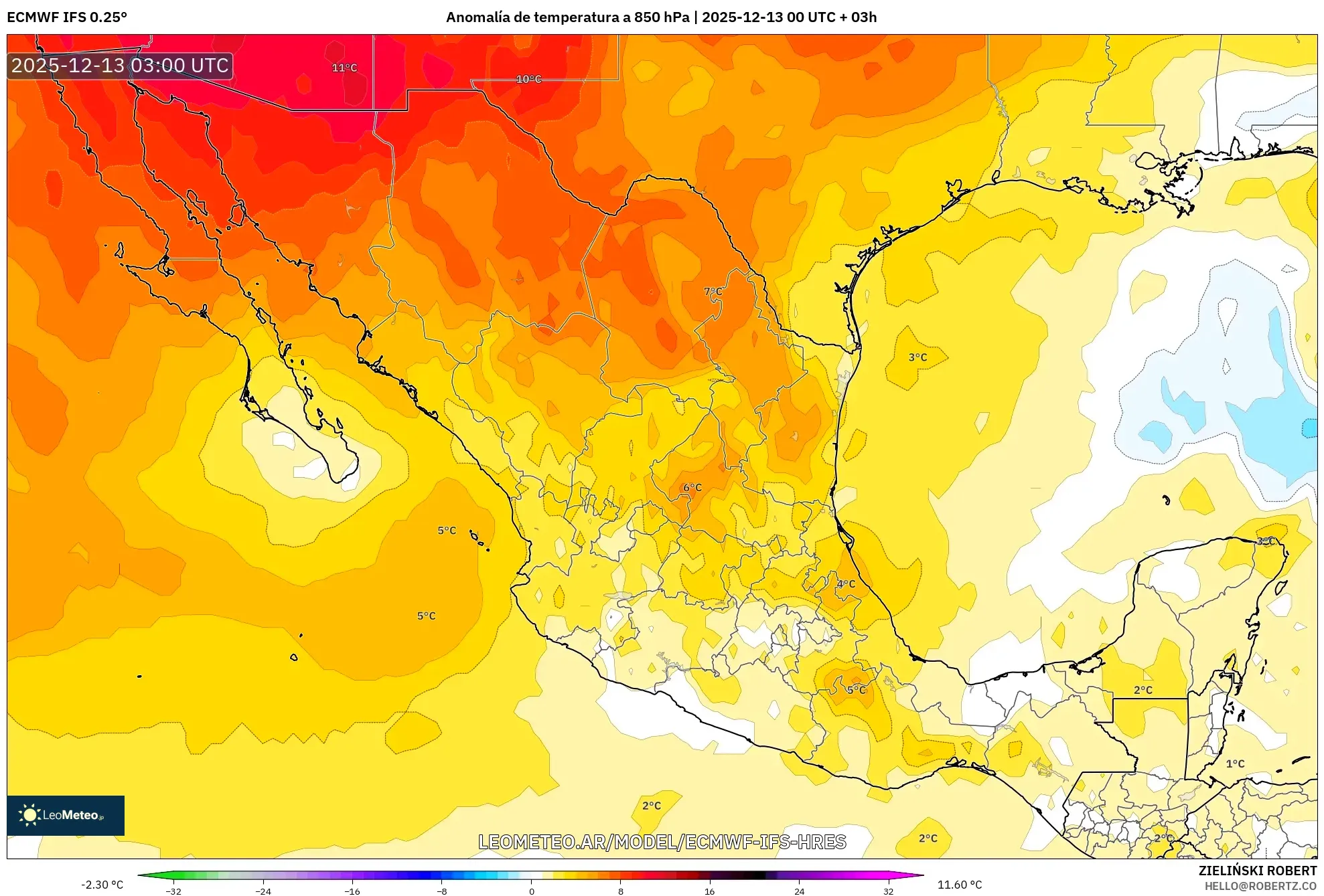 ECMWF IFS 0.25° model - México, Anomalía de temperatura a 850 hPa