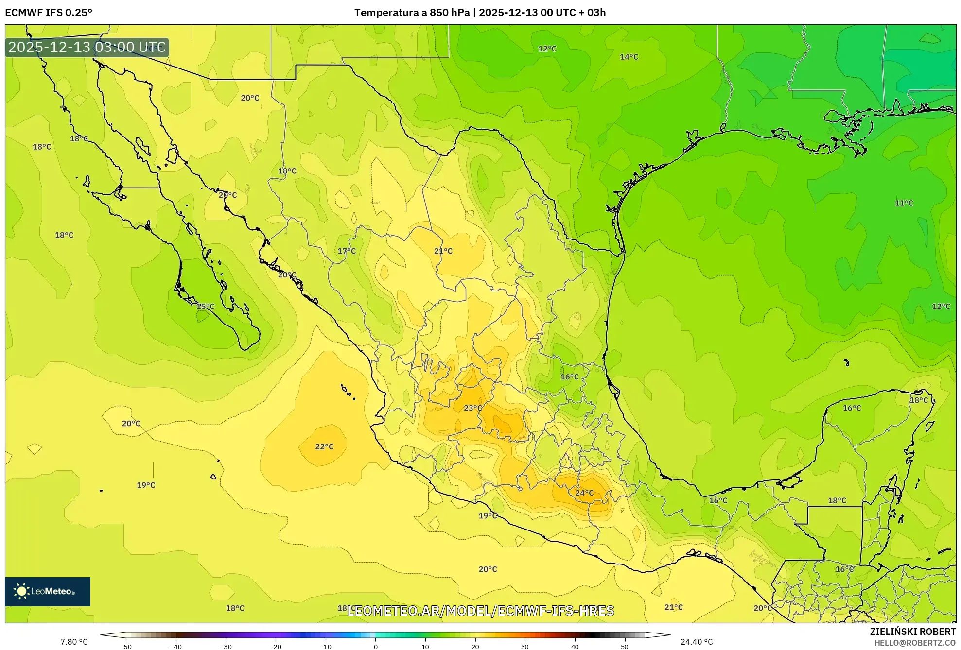 ECMWF IFS 0.25° model - México, Temperatura a 850 hPa