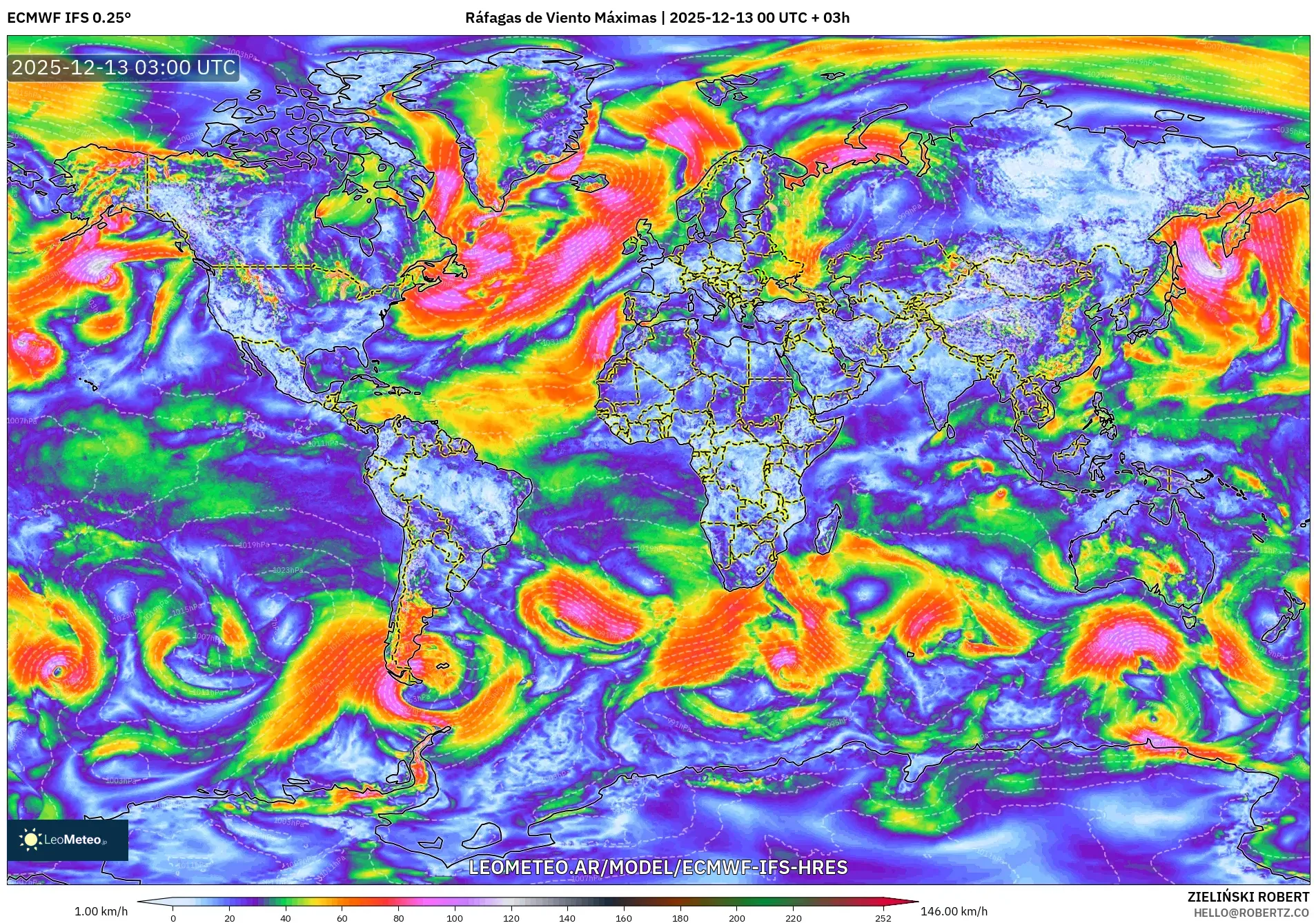 ECMWF IFS 0.25° model - Mundo, Ráfagas de Viento Máximas