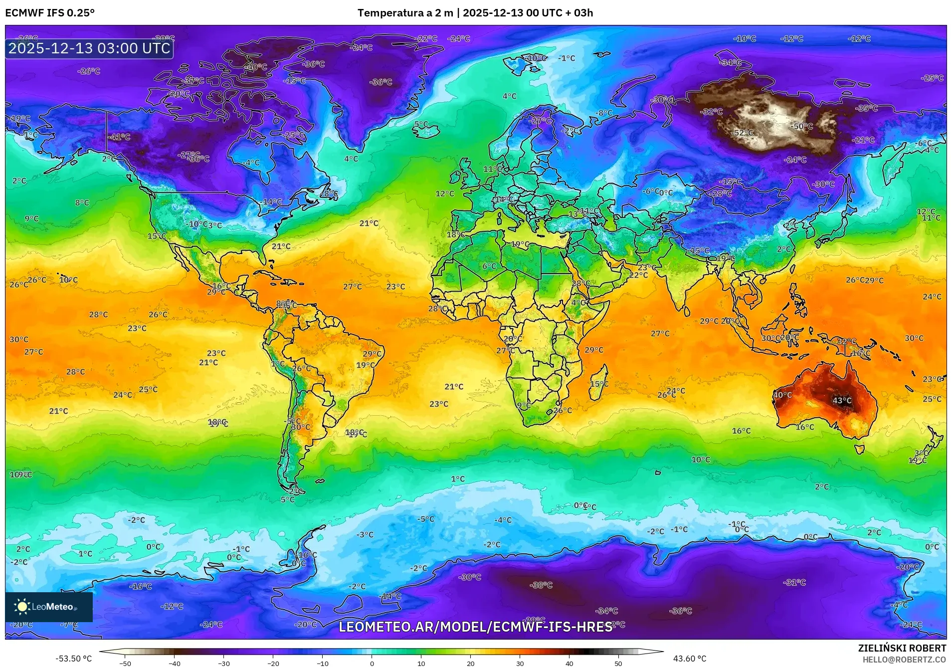 ECMWF IFS 0.25° model - Mundo, Temperatura a 2 m