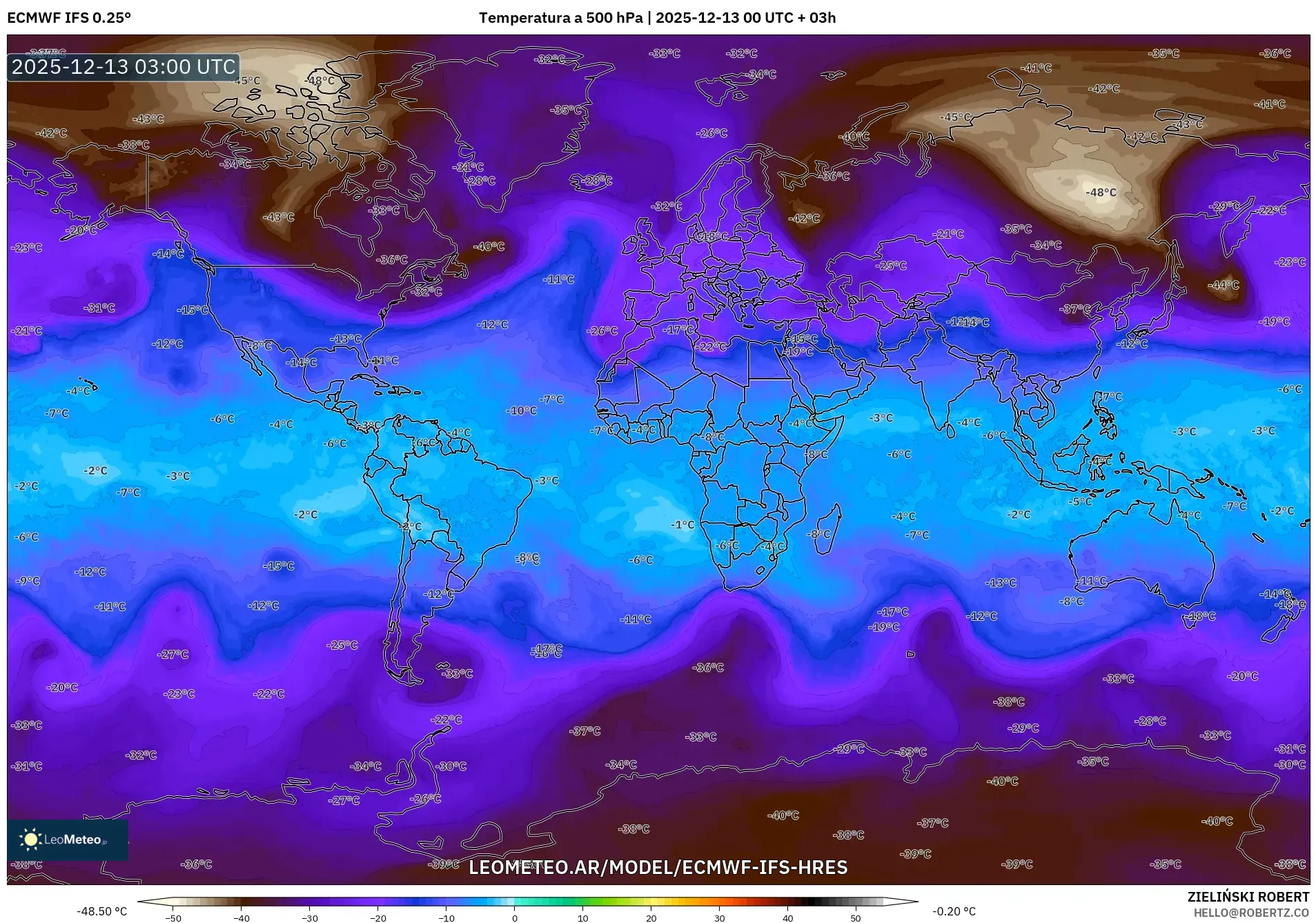 ECMWF IFS 0.25° model - Mundo, Temperatura a 500 hPa